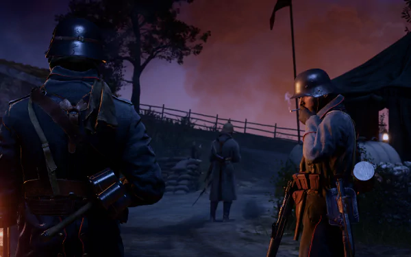 HD desktop wallpaper of Battlefield 1 showing soldiers at night, one smoking. The scene captures a dark, tense wartime atmosphere with a backdrop of a sky tinged with orange and purple hues.