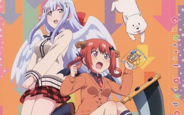 4K Ultra HD wallpaper featuring Raphiel Shiraha Ainsworth and Satanichia Kurumizawa McDowell from the anime Gabriel DropOut, with vibrant colors and dynamic poses.