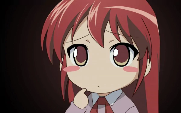 A cute HD anime wallpaper featuring a character from Shakugan No Shana, showcasing a thoughtful expression with rosy cheeks and large, expressive eyes.