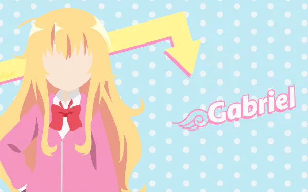 Minimalist anime wallpaper featuring Gabriel Tenma White from Gabriel DropOut in 8K Ultra HD resolution with soft pastel colors and playful design elements.