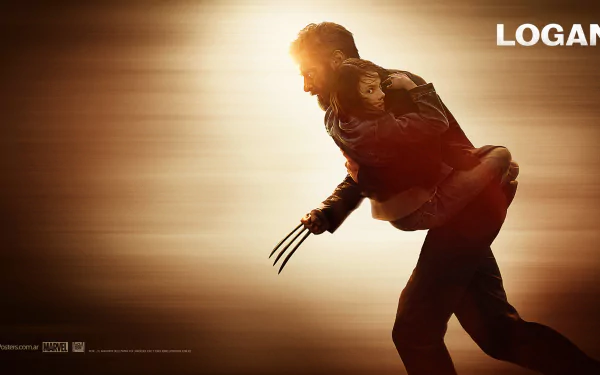 HD desktop wallpaper featuring a scene from the movie Logan with characters portrayed by Hugh Jackman and Dafne Keen. Wolverine (Logan) carries X-23 with his claws extended. LOGAN text on the top right.