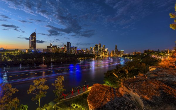 Man Made Brisbane Cities Australia City Night Light Time-Lapse River Building Skyscraper HD Wallpaper | Background Image