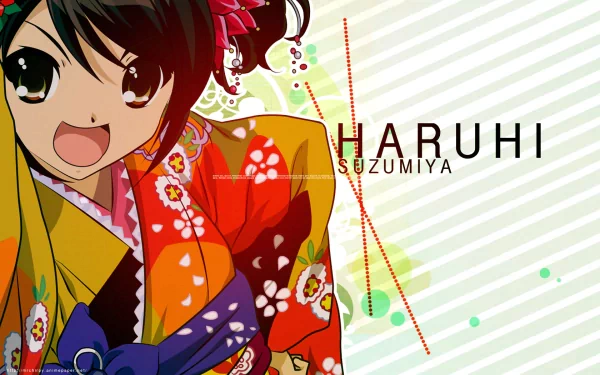 HD PC desktop wallpaper featuring Haruhi Suzumiya from the anime The Melancholy of Haruhi Suzumiya, dressed in a vibrant, traditional kimono.