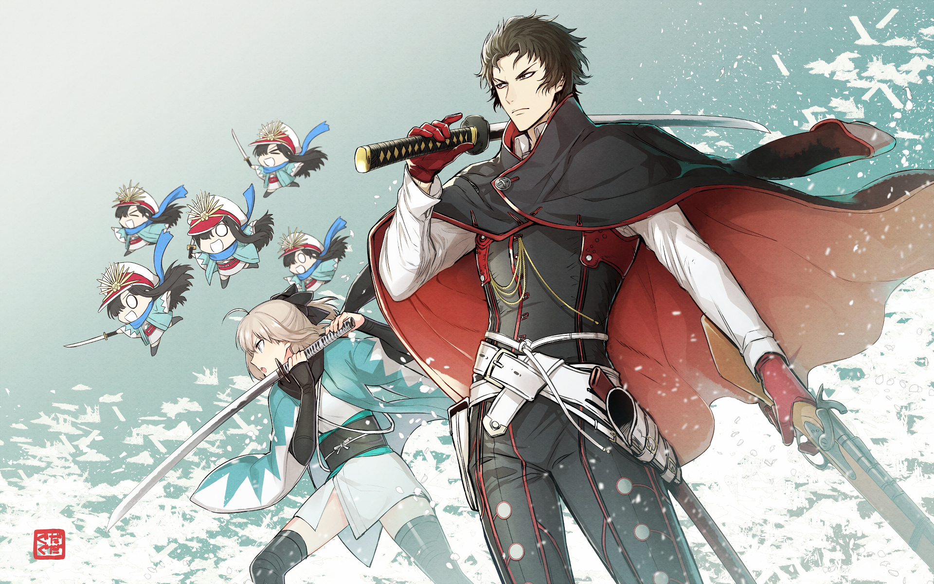 HD PC desktop wallpaper featuring Sakura Saber from Fate/Grand Order, depicted with swords and dynamic poses in an anime style.