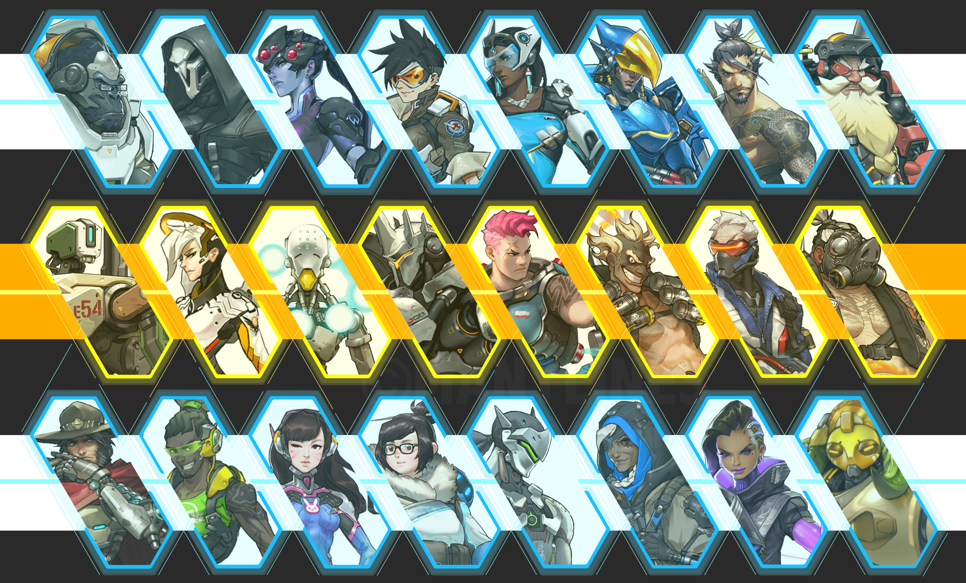 HD desktop wallpaper of Overwatch characters arranged in a hexagonal pattern, featuring a diverse lineup from the video game.