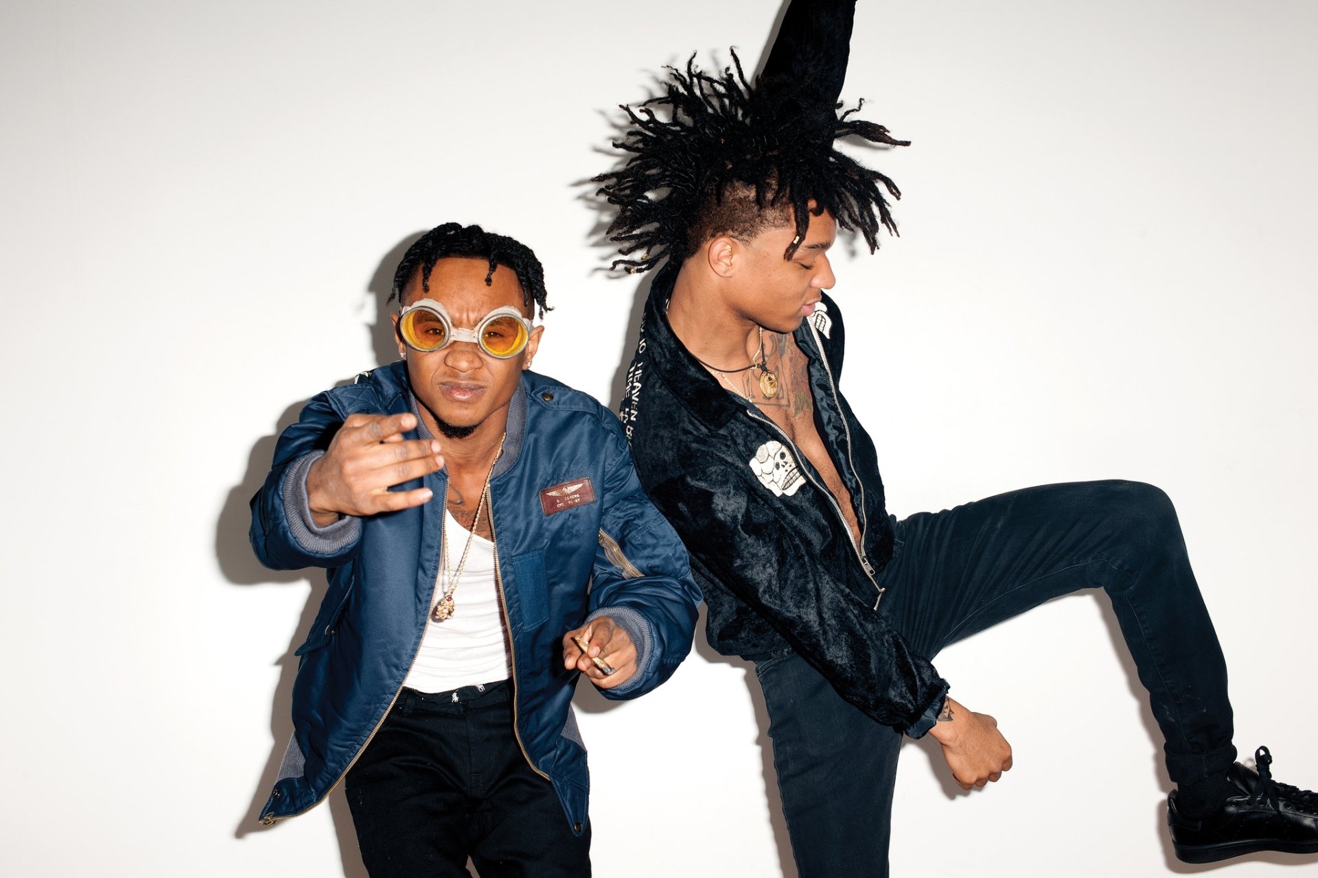 HD PC wallpaper featuring American hip hop duo Rae Sremmurd in dynamic poses against a plain white background.