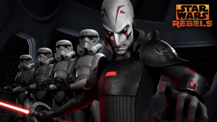 HD PC desktop wallpaper/background: The Inquisitor from the TV show Star Wars Rebels brandishes a red lightsaber, reaching forward as stormtroopers stand behind him aboard a dark starship.