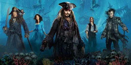 Characters Henry Turner, Captain Salazar, Hector Barbossa, Carina Smyth, and Jack Sparrow from Pirates of the Caribbean: Dead Men Tell No Tales in an HD desktop wallpaper, surrounded by underwater shipwrecks and skulls.