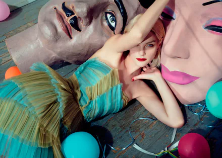 Blonde, blue-eyed model woman reclining among oversized colorful masks and balloons, wearing bold lipstick and a pleated turquoise dress — vivid HD desktop wallpaper background