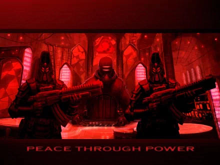 HD PC desktop wallpaper featuring a dark, intense scene from the video game Command & Conquer, with armed soldiers and a commanding figure under red lighting.