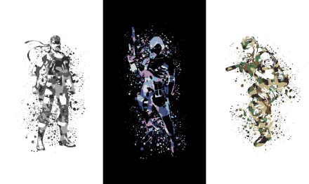 4K Metal Gear Solid wallpaper triptych: Big Boss (MGS3), Raiden (MGS2) and Solid Snake rendered as paint-splatter silhouettes on white–black–white panels.