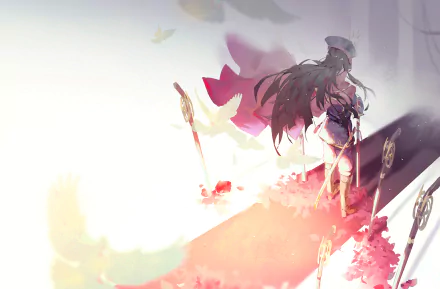 HD desktop wallpaper featuring the Demon Archer from Fate/Grand Order. The character stands surrounded by mystical elements and a radiant background, creating an ethereal anime scene.