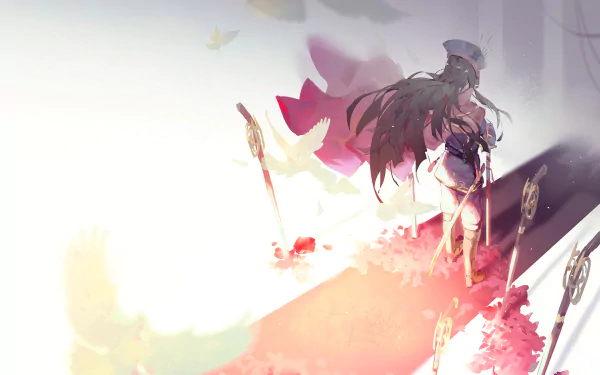 HD desktop wallpaper featuring the Demon Archer from Fate/Grand Order. The character stands surrounded by mystical elements and a radiant background, creating an ethereal anime scene.