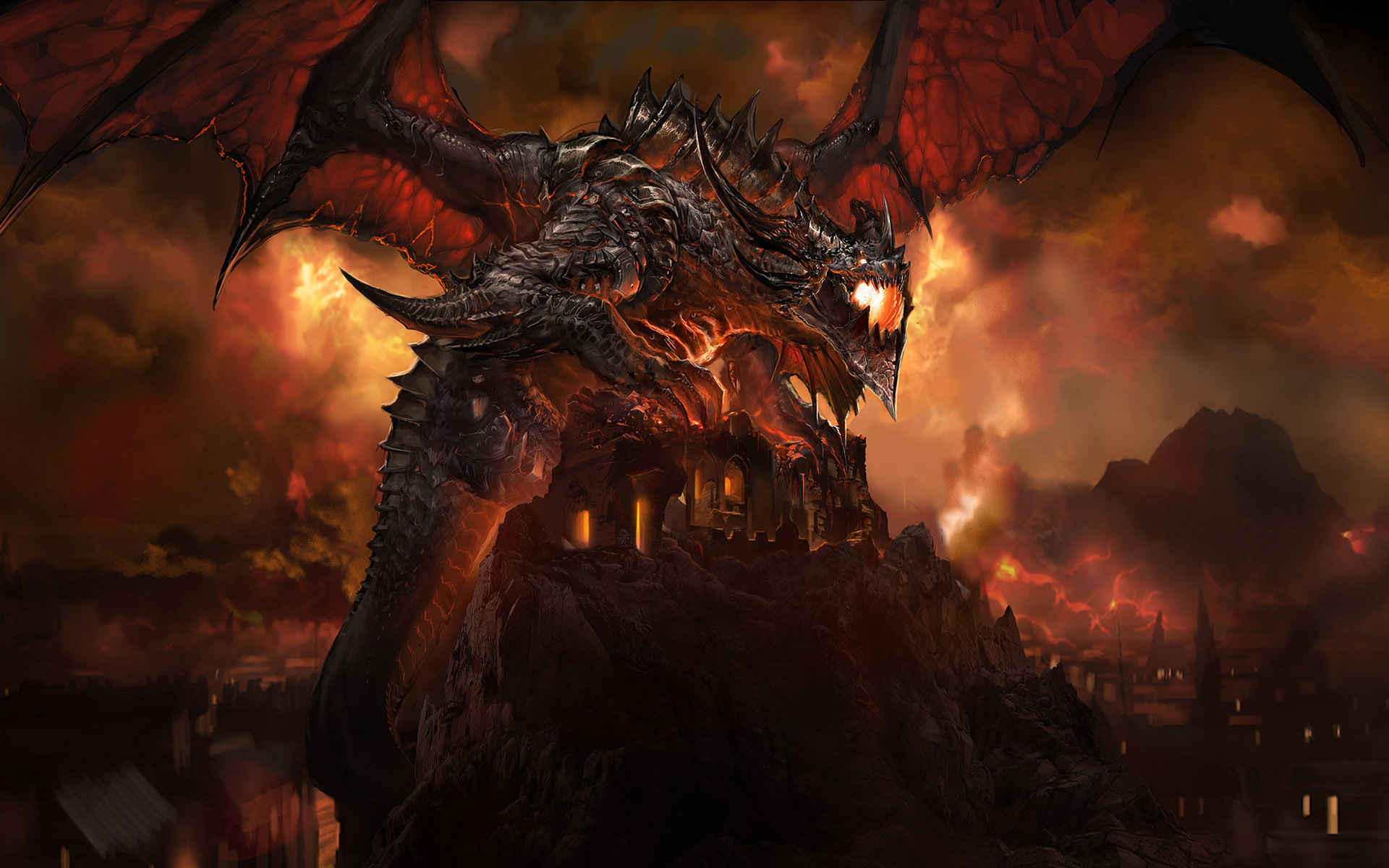 Deathwing, a fiery dragon soaring in the sky.