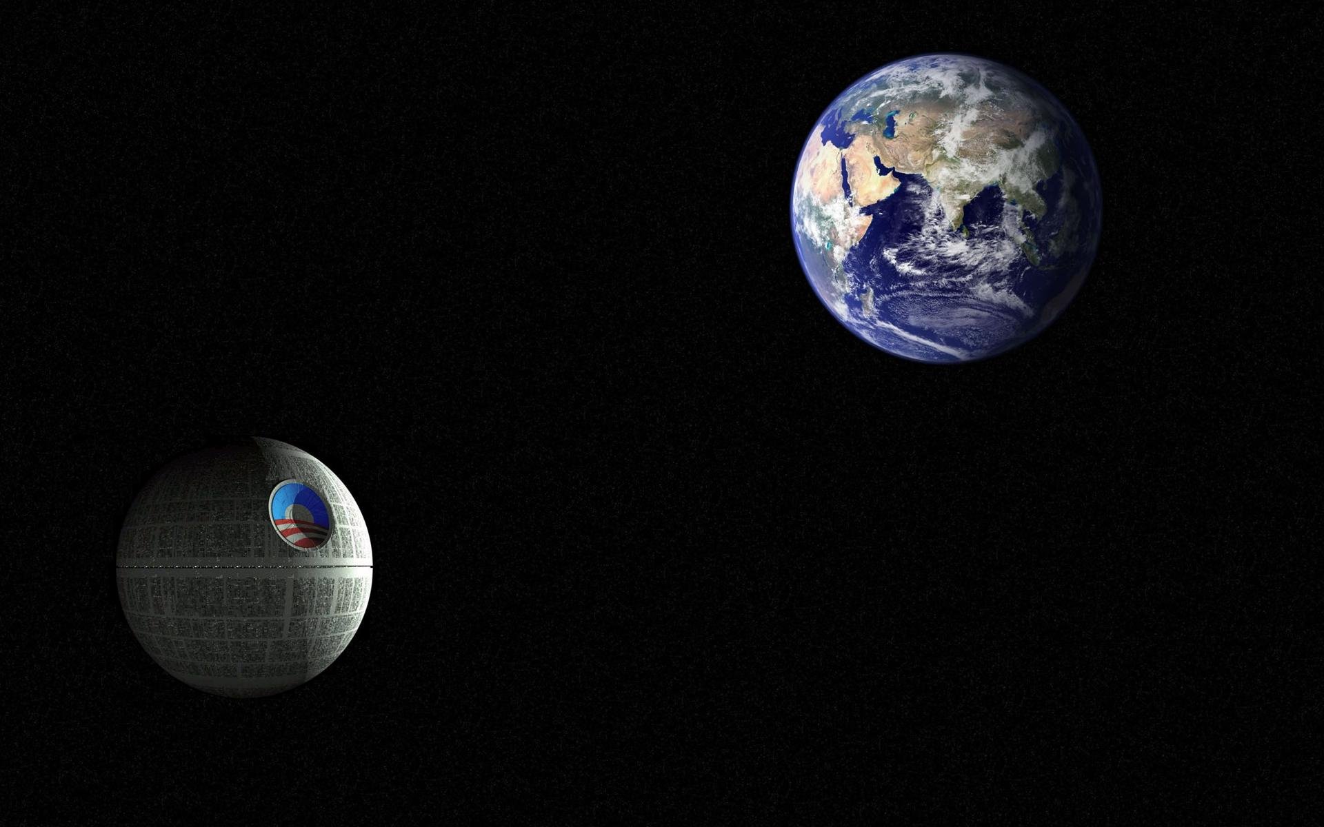 A humorous and mocking HD desktop wallpaper featuring the Death Star on one side and Earth on the other, set against a deep black space background.