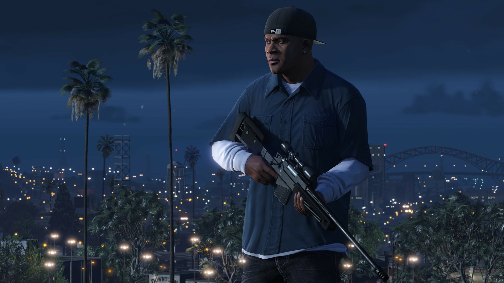 Franklin Clinton from Grand Theft Auto V stands holding a sniper rifle against a nighttime cityscape in this 4K Ultra HD PC desktop wallpaper.