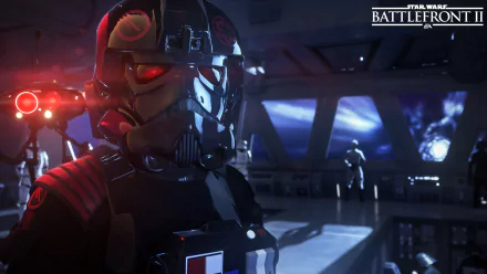 HD desktop wallpaper featuring a Stormtrooper from Star Wars Battlefront II (2017) video game, showcasing a detailed, futuristic interior scene with other characters in the background.