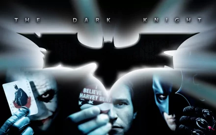 High-definition wallpaper featuring iconic characters from The Dark Knight, showcasing Batman, the Joker, and Harvey Dent against a dramatic backdrop.