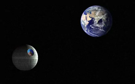 A humorous and mocking HD desktop wallpaper featuring the Death Star on one side and Earth on the other, set against a deep black space background.