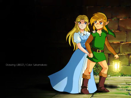 HD PC desktop wallpaper featuring Princess Zelda and Link from the video game The Legend of Zelda: A Link to the Past, standing in a dimly lit stone corridor.