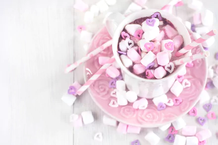 A cozy cup of hot chocolate topped with colorful marshmallows sits on a decorative pink plate, surrounded by scattered candy and playful straw accents, making a delightful HD desktop wallpaper.