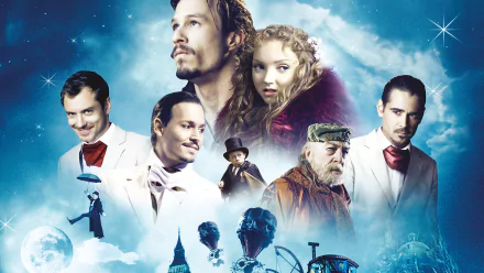 HD PC wallpaper of The Imaginarium of Doctor Parnassus movie poster: ethereal cloudscape with ensemble cast portraits, Victorian carnival elements and surreal fantasy imagery.