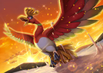 HD wallpaper featuring Ho-oh from Pokémon, depicted in a vibrant anime style, soaring majestically with glowing embers against a dramatic sunset background.