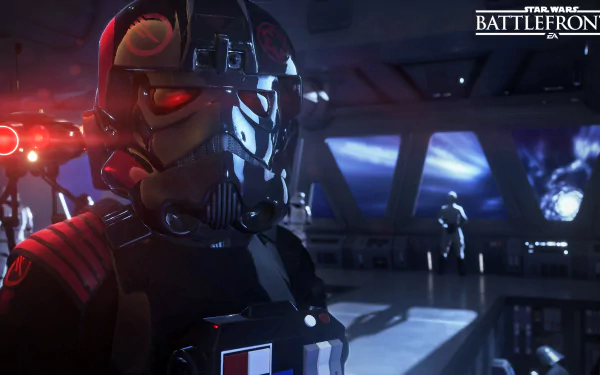 HD desktop wallpaper featuring a Stormtrooper from Star Wars Battlefront II (2017) video game, showcasing a detailed, futuristic interior scene with other characters in the background.
