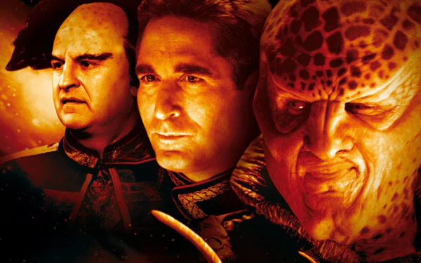 Babylon 5 TV show HD PC desktop wallpaper: Londo Mollari, Jeffrey Sinclair and G'Kar in dramatic orange-red lighting.