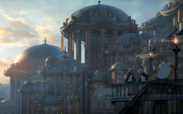 HD anime-style original desktop wallpaper depicting a majestic cityscape with domed buildings illuminated by soft evening light and characters on a balcony.