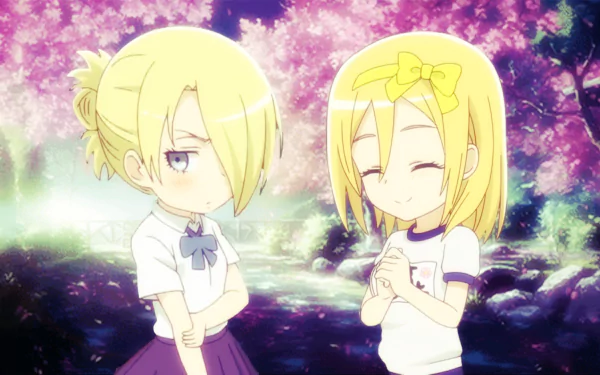 Anime-style HD desktop wallpaper featuring Annie Leonhart from Attack On Titan: Junior High, set against a vibrant backdrop of blooming cherry blossoms.