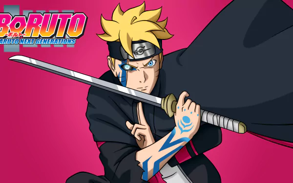 Boruto Uzumaki, from the anime Boruto, displays a confident pose wielding a sword, against a vibrant pink background. Engaging HD desktop wallpaper featuring Jōgan.
