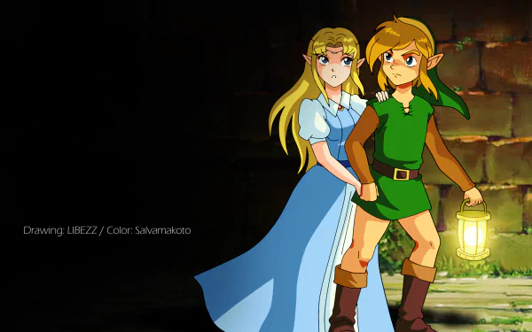 HD PC desktop wallpaper featuring Princess Zelda and Link from the video game The Legend of Zelda: A Link to the Past, standing in a dimly lit stone corridor.