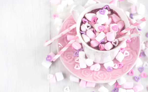 A cozy cup of hot chocolate topped with colorful marshmallows sits on a decorative pink plate, surrounded by scattered candy and playful straw accents, making a delightful HD desktop wallpaper.
