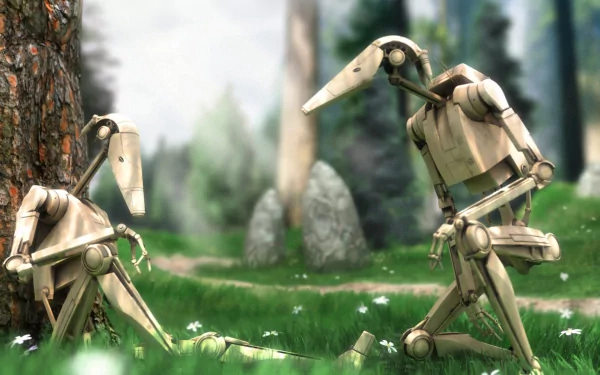 Two Battle Droids from Star Wars interact in a vibrant green landscape, surrounded by trees and flowers. An engaging HD desktop wallpaper for fans of the Star Wars universe.