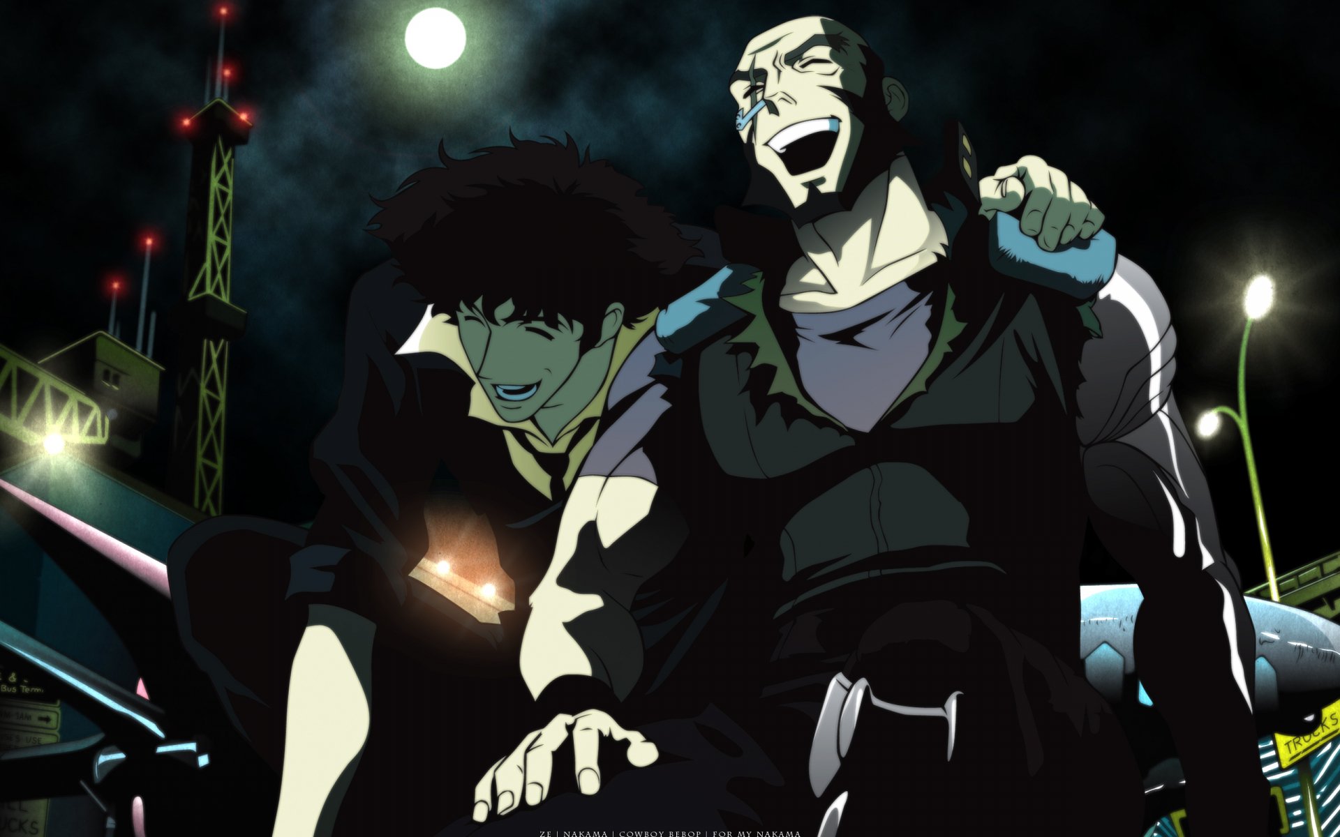 Spike Spiegel and Jet Black share a joyful moment under the moonlight in this HD Cowboy Bebop anime wallpaper, capturing their adventurous spirit and camaraderie.