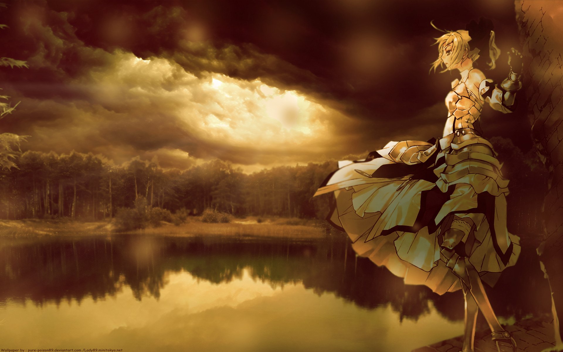 An HD desktop wallpaper featuring Saber Lily from Fate/Stay Night standing by a serene lakeside in a forest with a dramatic, cloudy sky in the background.