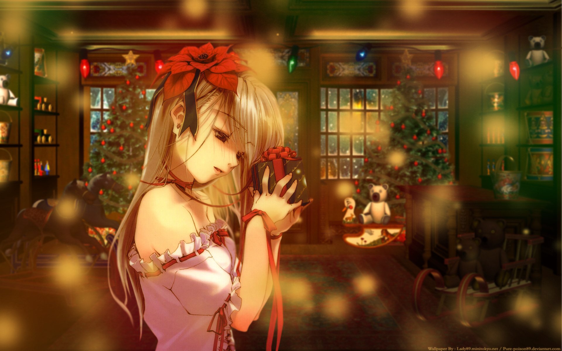 A cute anime girl adorned with a red flower stands in a warmly decorated room with Christmas trees, evoking nostalgic holiday memories in this HD wallpaper.