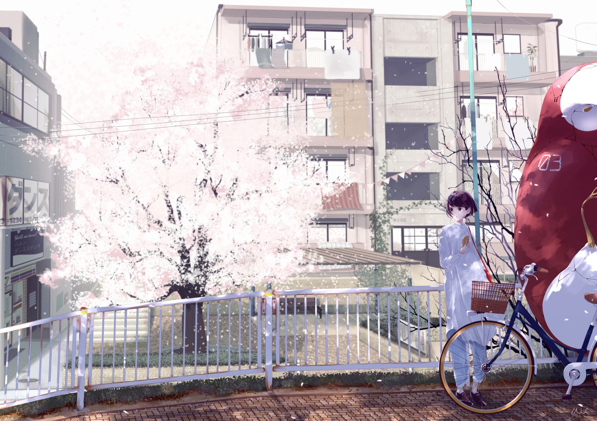 HD anime-style PC desktop wallpaper featuring a serene urban scene with cherry blossoms, a person in white, and a large red figure beside a bicycle.