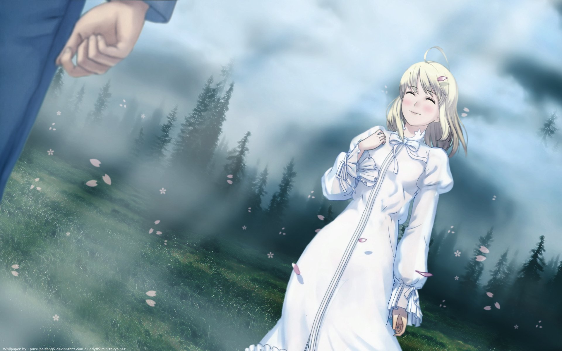 Cute Fate/Stay Night anime HD PC desktop wallpaper: smiling blonde girl in a white dress stands in a misty forest meadow as petals drift around her.
