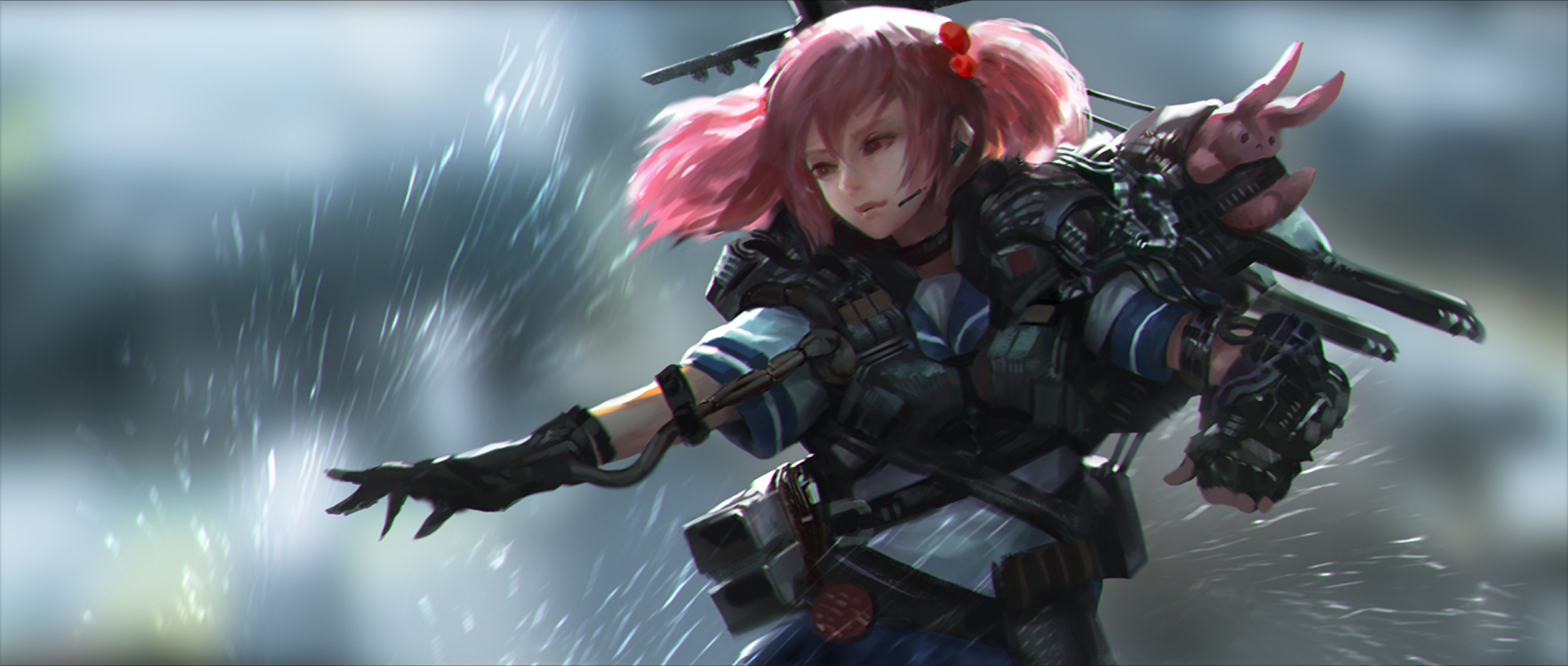HD PC desktop wallpaper featuring Sazanami from Kantai Collection, depicted in anime style with dynamic rain and motion effects.
