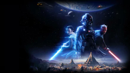 HD desktop wallpaper of Star Wars Battlefront II featuring Rey with a blue lightsaber, an Imperial Fighter Pilot, and Darth Maul with a red lightsaber against a backdrop of a cosmic battle scene.