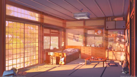 Anime-style HD wallpaper of a cozy sunlit room with traditional Japanese elements, featuring a bed, desk, guitar, and decorations, bathed in warm, golden light. Original artwork.