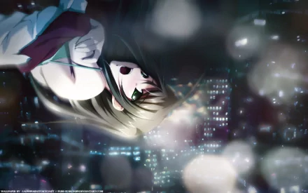 HD PC anime original desktop wallpaper: a girl falling through a neon-lit anime city at night, hair and coat streaming, blurred lights and bokeh creating a moody, dreamlike urban scene.