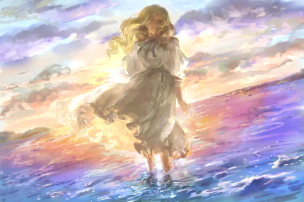 An anime-style painting from When Marnie Was There featuring a blonde child in a dress standing in water, bathed in the light of a stunning sunset. This is an HD desktop wallpaper and background.