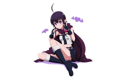 HD desktop wallpaper featuring Guri from Renai Boukun. Guri is depicted sitting with a thoughtful expression, surrounded by small purple hearts.