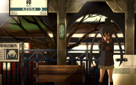 HD anime desktop wallpaper featuring Azusa Nakano from K-ON! standing at Azusa train station platform during sunset.