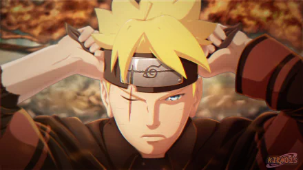 HD desktop wallpaper featuring Boruto Uzumaki from the anime series Boruto, showcasing him adjusting his headband with a determined expression.