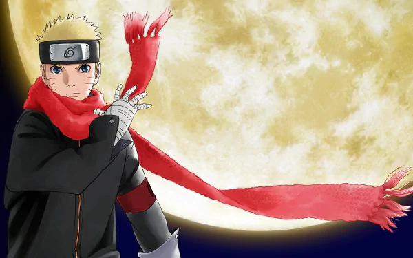 A dynamic HD wallpaper featuring Naruto Uzumaki from The Last: Naruto the Movie, showcasing him against a vibrant moonlit background with his signature red scarf.