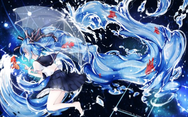 Anime Vocaloid Hatsune Miku Umbrella Water Fish HD Wallpaper | Background Image